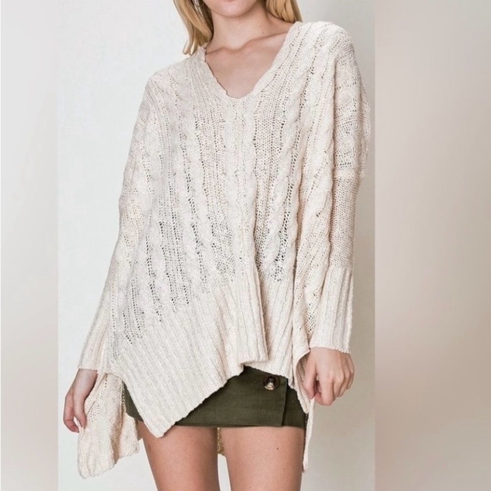 Free People Easy V-Neck Cableknit Oversized Sweater XS Ivory